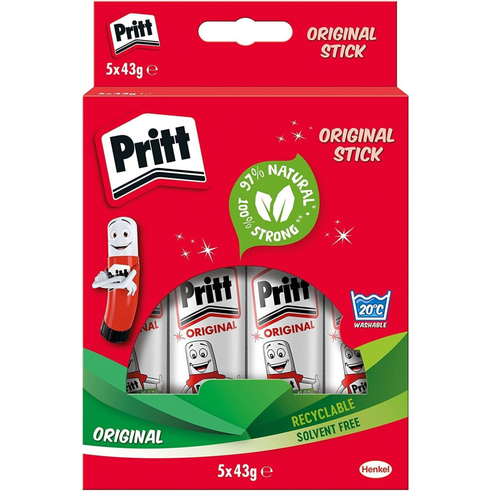 Pritt Glue Stick, Safe & Child-Friendly Craft Glue For Arts & Crafts Activities, Strong-Hold Adhesive For School & Office Supplies, 43G (Pack Of 5)