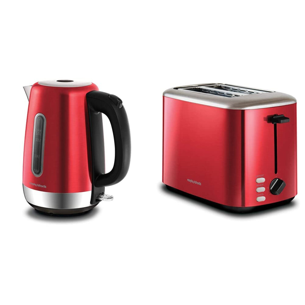 Morphy Richards Equip Red Jug Kettle - 1.7L - Rapid Boil - Limescale Filter - 102785 & Equip Red 2 Slice Toaster - Defrost And Reheat Settings - 2 Sl-image-OPC-PMGTBYY-NEW