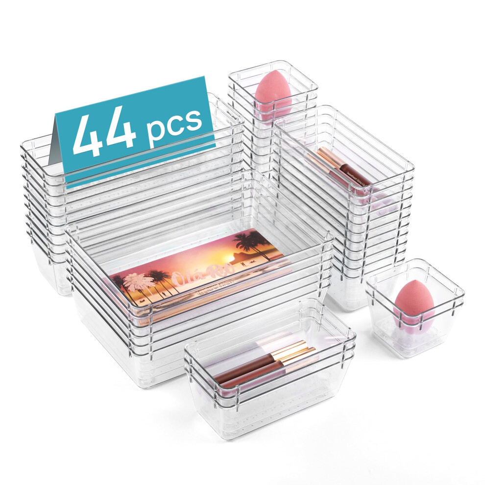 Vtopmart 44 Pack Drawer Organiser, 4-Size Desk Organiser Drawers, Clear Plastic Storage Bins for Makeup, Bedroom, Kitchen Gadgets Utensils and Office-image-OPC-PMGTC2V-NEW