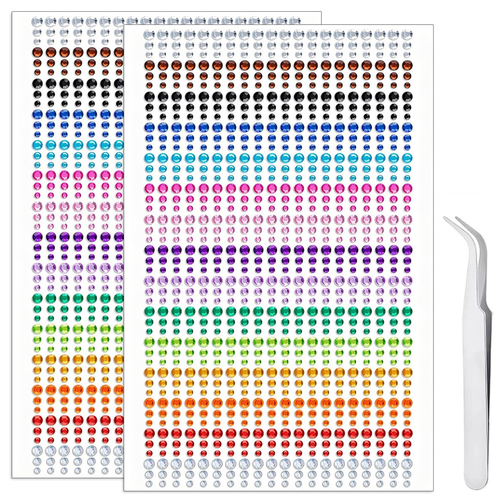 Ijizuo White 1800Pcs Crystal Rhinestone Stickers, 15 Colors Gem Stickers With Pick Up Tweezer, 3Mm 4Mm 5Mm, For Diy Nail Crafts Jewel Clothes Makeup,