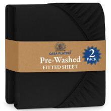 Casa Platino Fitted Sheet Double, Black (2 Pack) - Pre-Washed, Deep Pocket 14 inch (35 cm) - Easy Care - Soft Brushed Microfibre Fabric - Shrinkage a