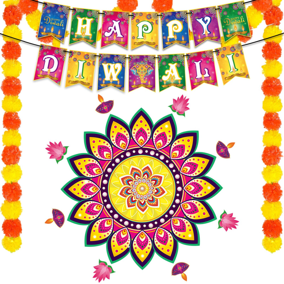 Diwali Decorations, Rangoli Stickers, Diwali Decoration For House With 2 Artificial Marigold Flower Garland For Home Entrance & Wall, I Orange Zkfsie