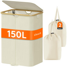 Lifewit Laundry Basket with Lid,Clothes Hampers for Laundry with Bamboo Handles and A Removable Laundry Bag, Large Foldable Laundry Hamper for Bedroo