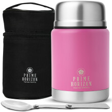 Prime Horizon Food Flask - 500ml Stainless Steel Vacuum Double Wall Jar with Folding Spoon, Leakproof and BPA Free. Free Insulated Travel Bag with Ca