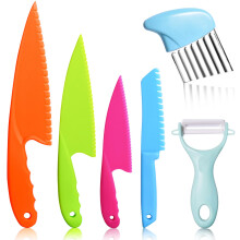 FEISIGE 6Pcs Kids Plastic Knives Set with Cutting Board & Paring Knife - Child Safety Kitchen Knives in 4 Sizes for Vegetables, Fruits, and Salad (BP