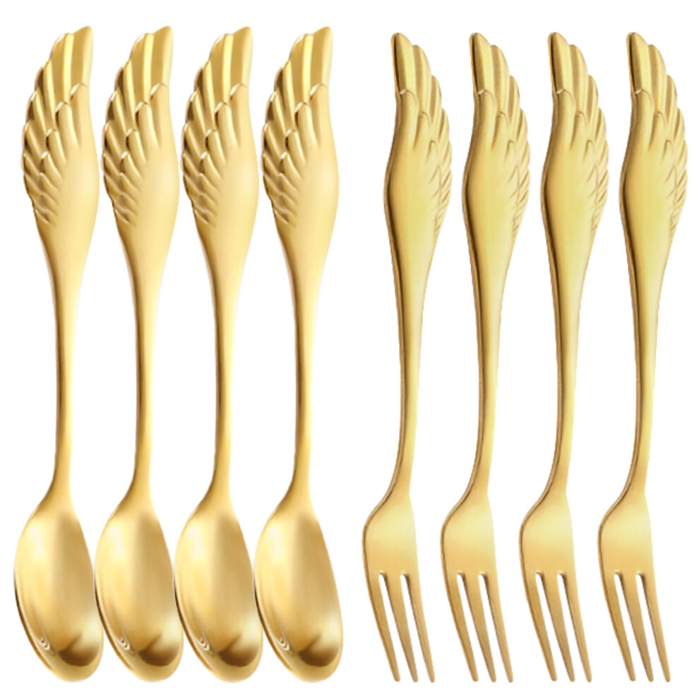 Pleafind 8PCS Coffee Tea Spoons Cake Forks, Stainless Steel Gold Wing Shape Small Dessert Forks Ice Cream Teaspoons Stirring Milk Spoon Gifts for Men-image-OPC-PMGTFMR-NEW
