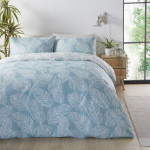 Fusion - Duck Egg Blue Leaf Duvet Cover - Single Bedding Size (135 x 200cm) - Reversible Design (Duck Egg & White Colours) - Duck Egg Leaf Duvet Cove