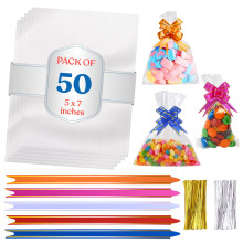 eHom Cellophane Bags Pack of 50 (5 x 7 Inches) Food Safe Cookie Bags with 50 Mix Color Pull Bows & Twist Ties- For Christmas & Halloween Gifts, Packa