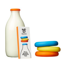 MOOPOPS - Mixed 3 pack of reusable silicone tops specifically designed to fit standard UK one pint glass milk bottles. Dishwasher and fridge safe. Do