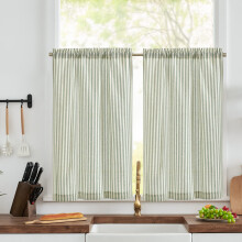 TOPICK Green Striped Kitchen Curtains 36 Inch Drop, Rod Pocket Cafe Curtains, Light Filtering Short Curtain Tier 2 Panels for Bathroom, Cupboard Base