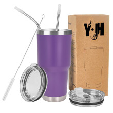 YJ&H 30oz (850ml) Travel Tumbler Double Wall Vacuum Insulated Coffee Mug Stainless Steel Coffee Cup with 2 Splash Proof Lid, 2 Straws & Free Cleanin