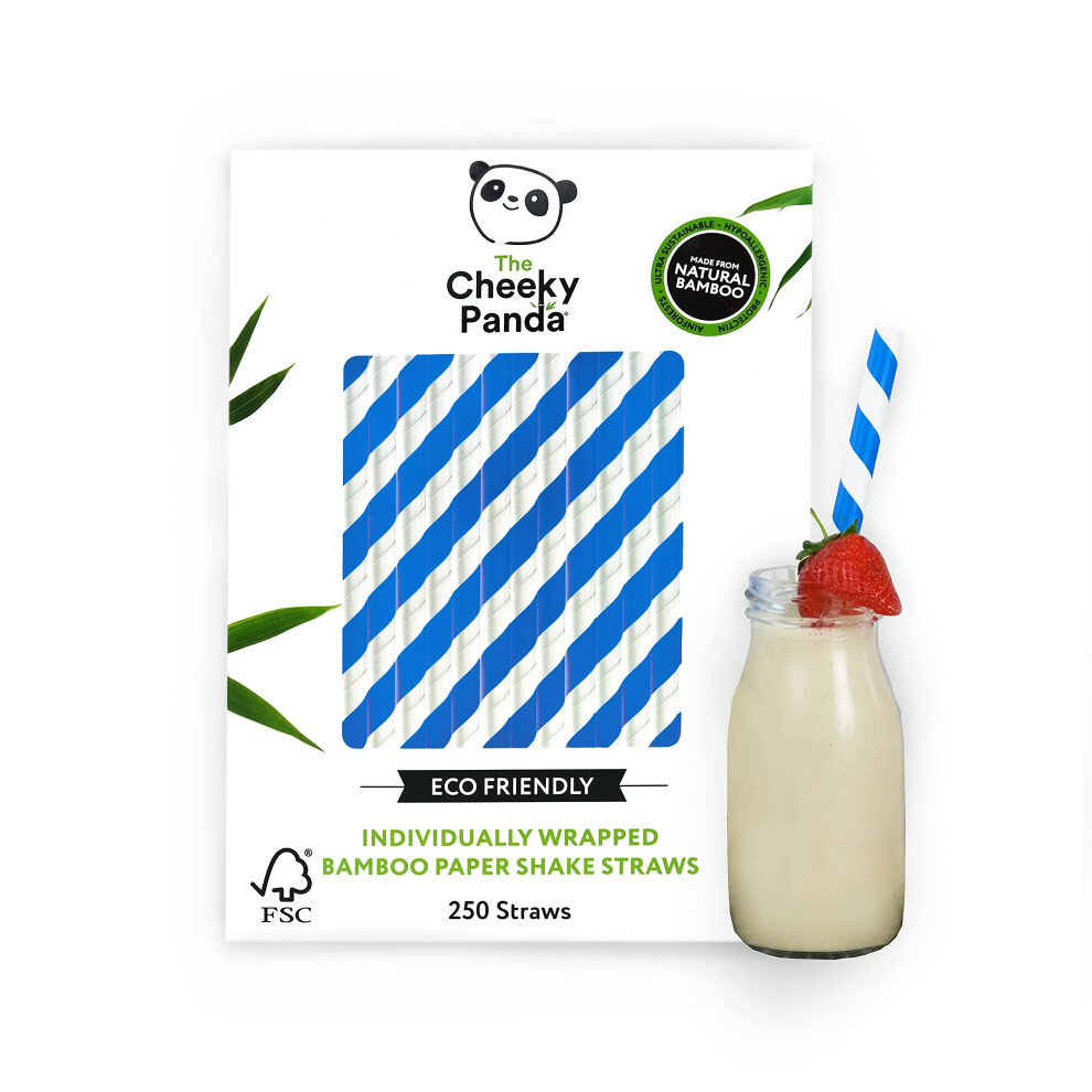 The Cheeky Panda Bamboo Paper Bubble Tea Straws | 250 Striped Wide Drinking Straws | For Boba Tea, Milkshakes And Smoothies Blue