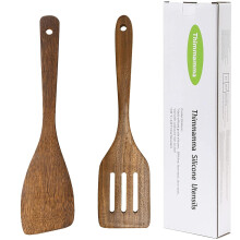 Thimmamma Wooden Spatula Set - 2 Pack, 12 Inches, Solid Wood, Slotted & Angled Turner, Nonstick Cookware, Kitchen Spatula for Fish, Eggs, Pancakes
