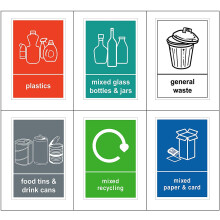 Mixed Pack of 6 Multi Recycling Stickers for Bin (A6-100 x 150mm) Waterproof Recycling Bin Stickers Waste Bins, Food, Plastics, Mixed Paper and Card,
