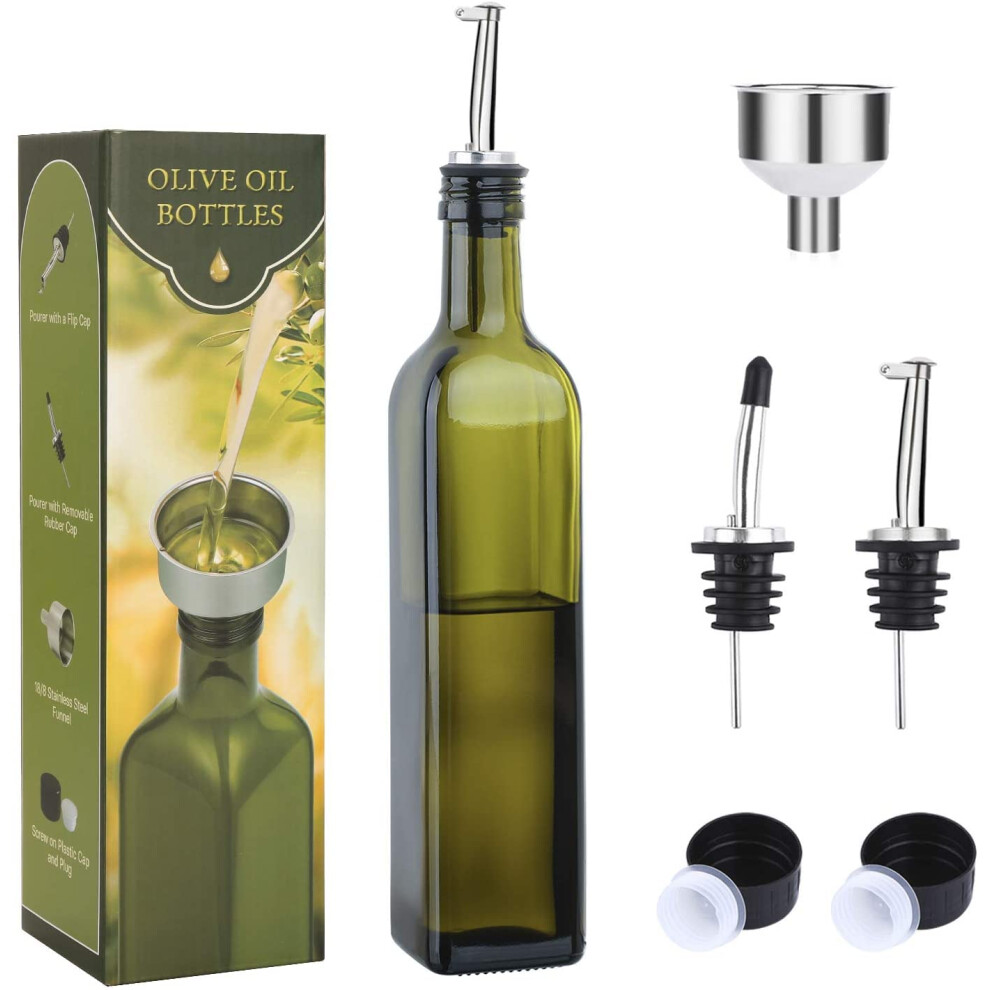 Aozita 17Oz Glass Olive Oil Dispenser Bottle - 500Ml Oil & Vinegar Cruet With Pourers And Funnel - Olive Oil Carafe Decanter For Kitchen, Green