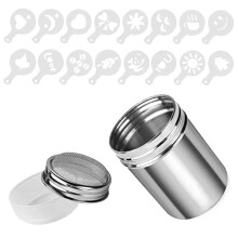Chocolate Shaker Stainless Steel Duster Dredges Cans Coffee Sprinkles Powder Set Cocoa Cinnamon Powder Can with 16 Coffee Molds Stencils for Kitchen