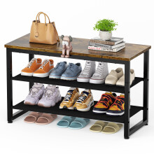 SIMPDIY Shoe Rack, 3 Tier Shoe Bench with Wooden Shelf, Shoe Storage Shoe Bench Storage with Seat for Entryway Living Room Hallway Bedroom, Load Capa