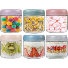 TempFoo Overnight Oats Jar Container set 6, 350ml Glass Mason Jars with Lids, Cereal Milk Vegetable Fruit Salad Jam Protein Porridge Clear Storage Co