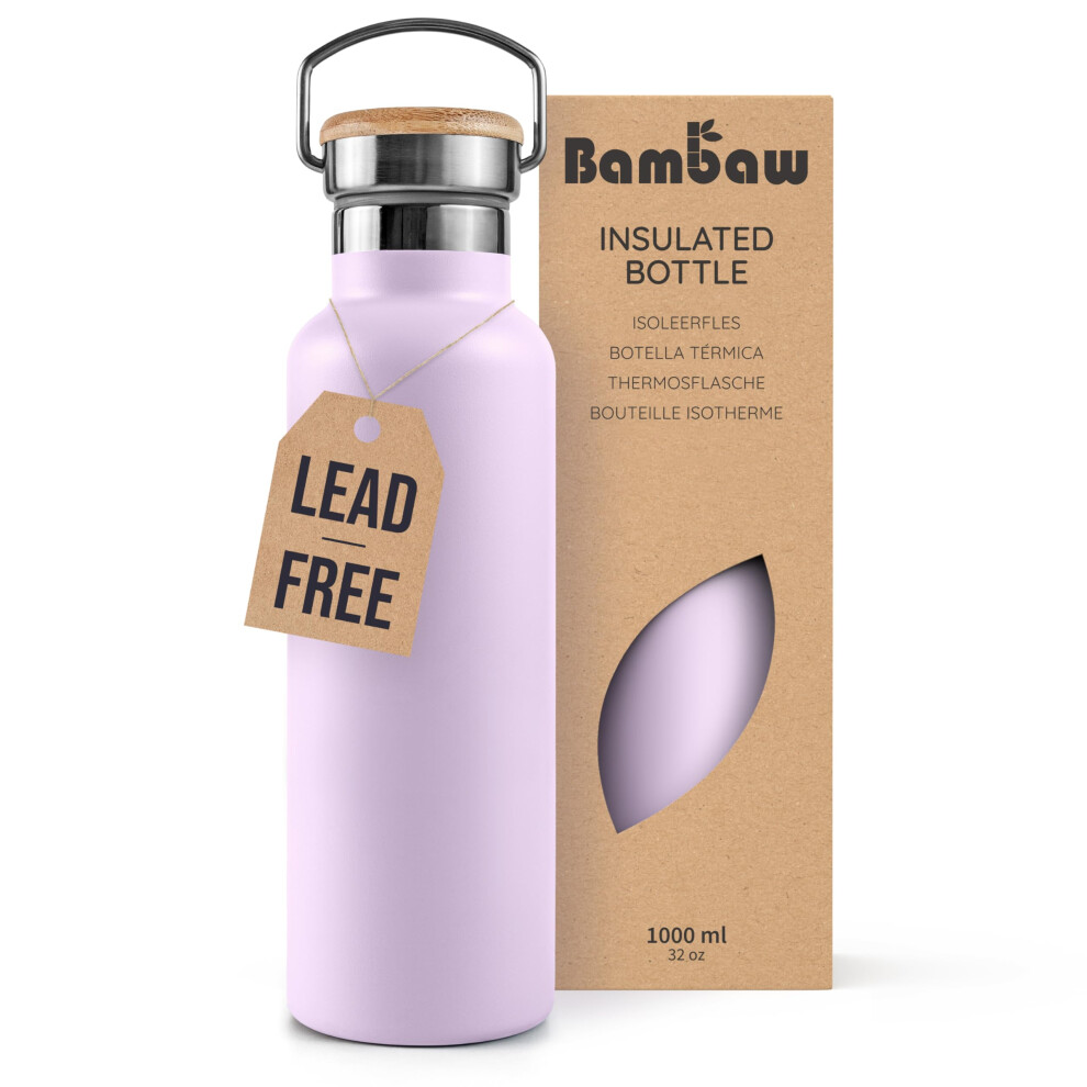 Bambaw Purple 1L Insulated Water Bottle, Stainless Steel, Double Wall, Hot 12 Hours, Cold 24 Hours, Leakproof, 1000Ml