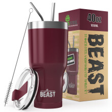 Beast Tumbler - 1050 ml (40 oz), Cranberry | Reusable Stainless Steel, Vacuum Insulated Cup | with + 2 Straws & Cleaning Brush | Double Wall Travel F
