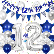 Hierein 12th Birthday Decorations for Boys, Silver Blue Balloons Party Decoration With Happy Birthday 12th Banner, Cake Toppers and Triangle Flags, 1