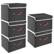 TYEERS Collapsible Storage Box with Lid, Fabric Storage Box for Clothes, Wardrobe Storage, 38x25x25 cm, Set of 5, Black