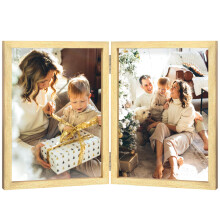 Double Photo Frame 5x7 Hinged Folding Wood Picture Frame with Glass Front Stand Vertical on Desktop Gold