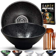 8-Inch Ceramic Ramen Bowl Set of 2 (9 Piece) - Porcelain Japanese Salad Noodles Cereal Fruit Pasta Soup Large Bowls with Recipes Chopsticks Forks Spo