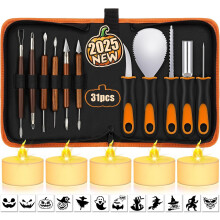 FOFAI Halloween Pumpkin Carving Kit: 31 PCS Professional Pumpkin Carving Tools with Stencils LED Candles - Stainless Steel Safe Carving Set for Jack-