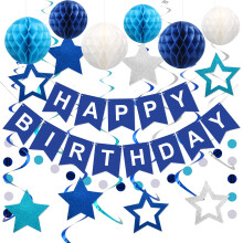 Blue Birthday Decoration, Navy Blue Happy Birthday Banner with Honeycomb Ball, Star Hanging Swirl Streamer, Circle Dot Garland Decroations, Birthday