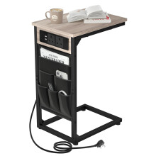 AMHANCIBLE C-Shaped Side Table with Charging Station, 2 USB & AC Outlets, Coffee Bedside Table with Cloth Storage Bag for Small Spaces, Sofa, Living