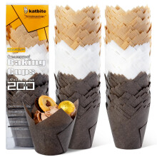 Katbite Tulip Cupcake Cases 200pcs Muffin Liners Disposable Baking Cups for Christmas Party Birthday Greaseproof Muffin Cup in White, Light Brown, Da