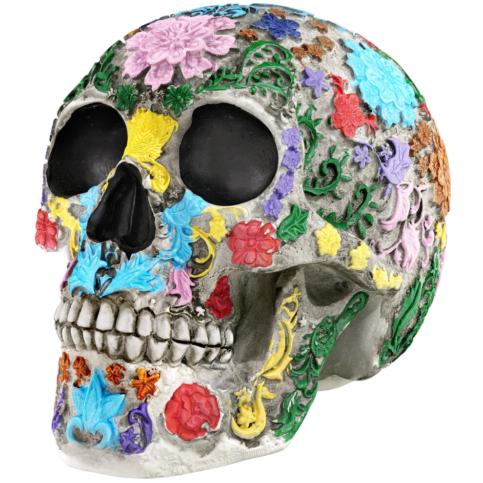 Readaeer Life Size Skeleton Replica Realistic Human Skull Head Bone Model (Colorful Floral)