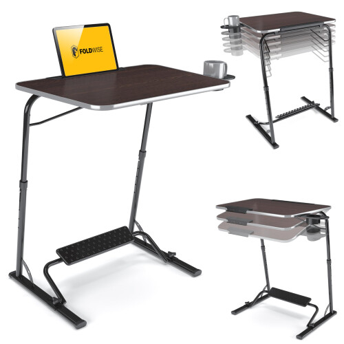 FoldWise Folding Laptop Table for Sofa - Sturdy Portable Desk, Height & Angle Adjustable Overbed Table for Dinner, Work & Study; All-In-One: Footrest