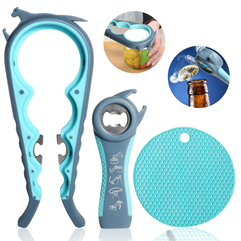 Owyee Blue Jar Opener For Weak Hands, Seniors With Arthritis, 5 In 1 Multi Function Bottle Opener Lid Opener For Arthritic Hands With Non Slip Rubber (Blue)