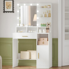 Hzuaneri Dressing Table with Mirror and 10 LED Lights, Vanity Table, Makeup Vanity with 3 Shelves & 4 Open Compartments, Large Drawer & Cabinet, Adju