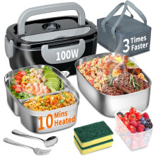 Electric Heated Lunch Box 100W - 3-in-1 Fast Heating Lunch Boxes Portable for Adults, 12V/24V/220V with 2 Pack Containers (Single & Compartment) for