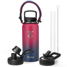 Trebo 32oz Water Bottle Insulated with Paracord Handle and Straw,Vacuum Double Wall Stainless Steel Water Jug Keep Cold 48 Hours, Water Flask with 3