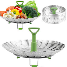 Consevisen Stainless Steel Vegetable Steamer Basket, Expandable 5.1" to 9", Folding Steamer Insert for Veggie, Fish, Seafood Cooking, Silver/Green