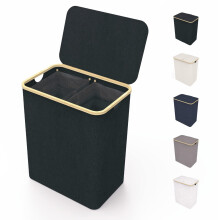 LONBET 150L Double Laundry Basket with Lid and Sturdy Bamboo Frame - Aesthetic Laundry Hamper with Side Handles, Made from Breathable Fabric - Laundr