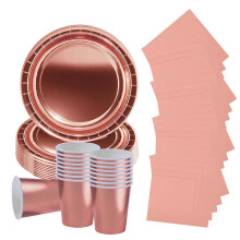 52P Metallic Rose Gold Tableware Set for Her,Girls,Rose Gold Foil Paper Plates Paper Cups and Napkins,Sparkling-Foils Papers Dinnerware Sets for Birt