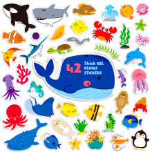 42PCS Marine Animal Jelly Stickers, Thick Window Door Clings Removable Reusable Gel Clings Decals for Kids Toddlers Adults Home Classroom Nursery Ani