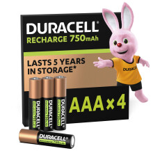 Duracell AAA Rechargeable Batteries (Pack of 4), 750 mAh NiMH, 1000 cycles, pre-charged, Long Lasting Power with a 0% plastic 100% recyclable packagi