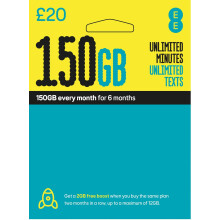 EE 150GB Data Sim includes 20 pre-paid credit, 150GB Data, Unlimited Minutes & Unlimited Texts