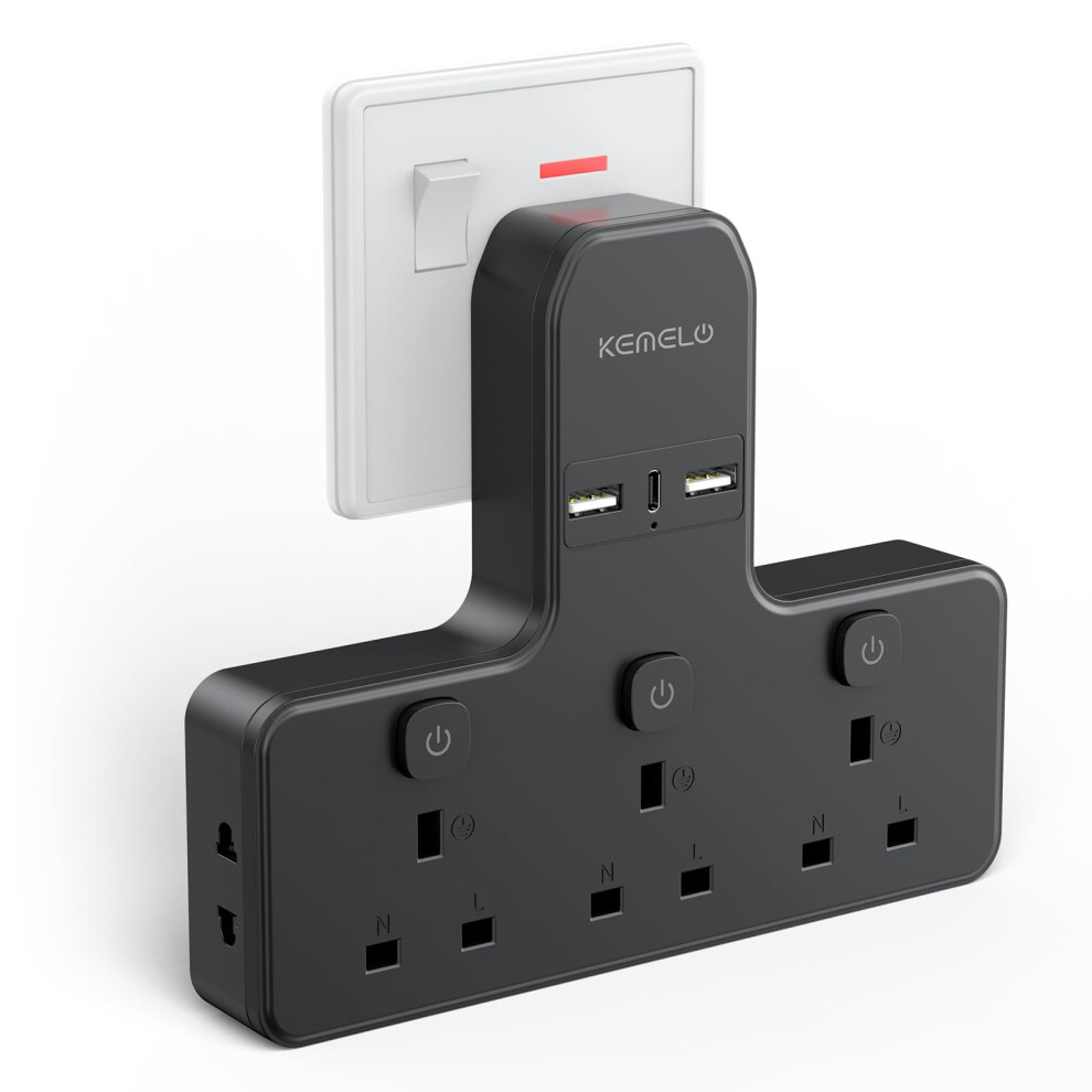 Kemelo Multi Plug Adapter (3250W/13A), Plug Extension Socket With 3 Usb, 3 Way Plug Adapter Uk Built-In With Independent Switches,Wall Plug Extender For Sch