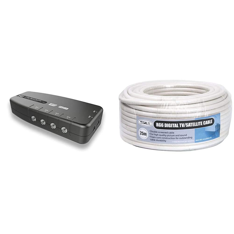 Signal Booster, Slx Tv Amplifier Four Output, & Coax Cable 25M Rg6 Philex 27600Fw25 Aerial & Satellite Cable Coaxial Tv Cable Grey/White 40734798