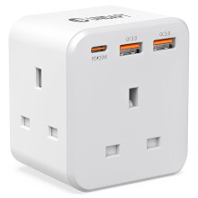 Unidapt 3 Way Plug Adaptor with 3 Fast Charge Ports, Multi Plug Extension with PD 20W USB-C and 2 USB-A QC 3.0, 13A UK Plug Extender Socket, Triple P