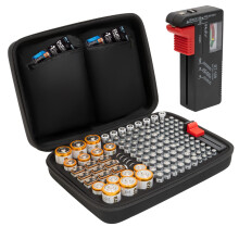Tanness 140 Battery Case With Tester | Large Capacity Organiser Storage Case Bag for AAA, AA, 9V Flat, C and D Size Batteries (Not Included)