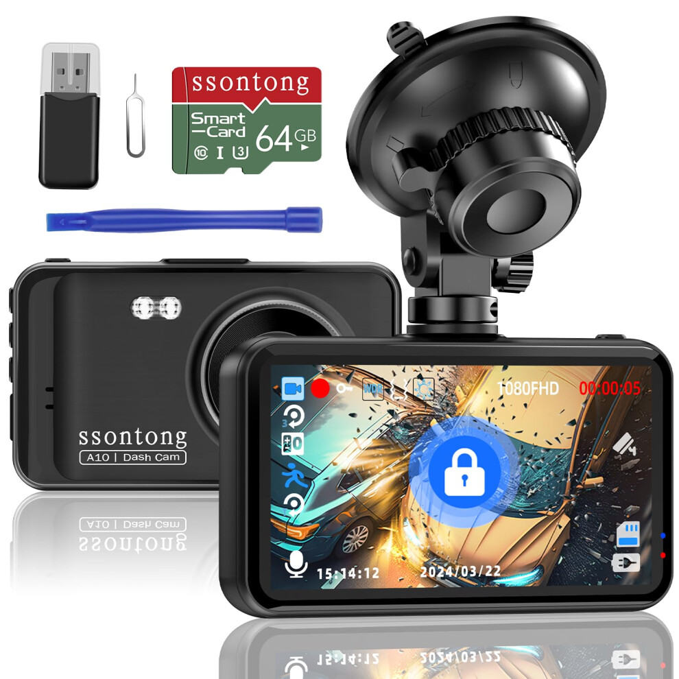 Dash Cam, Dashcam 1080P Fhd Car Camera Dash Cam Front Dvr Dashboard Dash Camera W/ 64Gb Card, Night Vision, 170Wide Angle 3ÂIps Screen Dash-Cam Loop 96690826