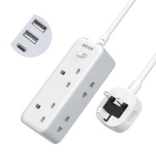 2M Extension Lead with 3 USB Slots, Mscien Shaver Plug Adaptor UK 2 Way with 13A Fuse, Extension Cable 2 Metre with Wall Mountable, Power Strip for E